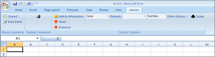 The Add-Ins tab showing custom command bars