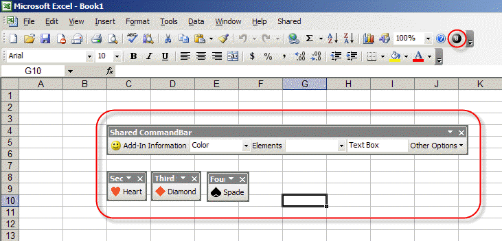 Excel 2003 with the shared add-in loaded