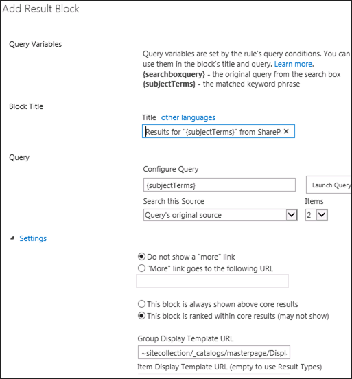 SharePoint Server 2013 中 [新增結果區塊] 對話方塊的螢幕擷取畫面