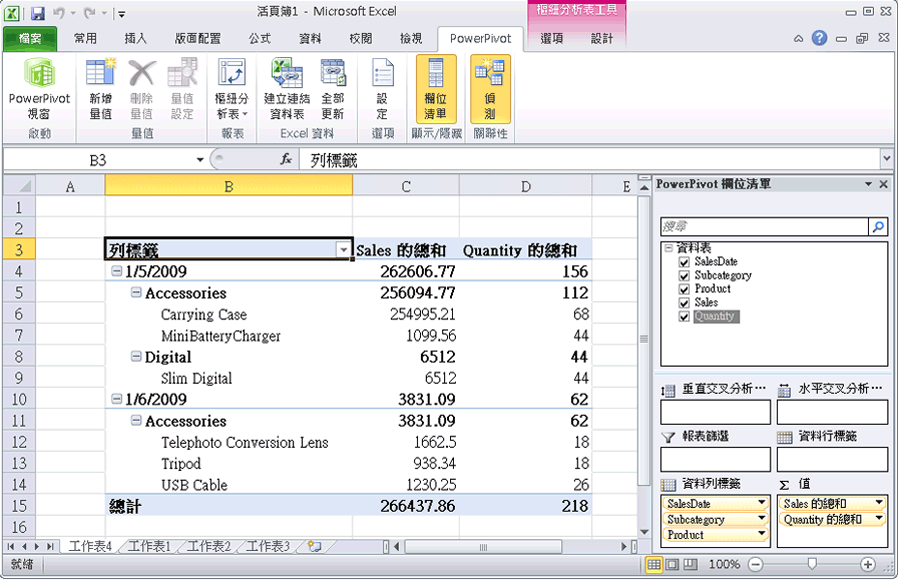 顯示 PowerPivot 欄位清單的 Excel 視窗