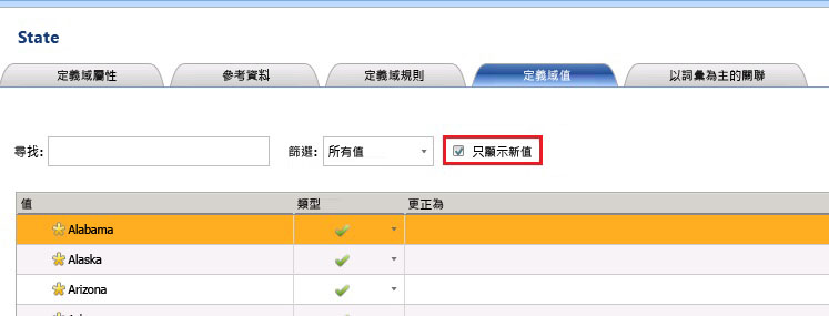 只顯示定義域值上的新核取方塊