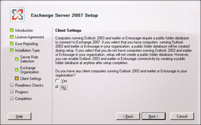 圖 2 Exchange 2007 安裝程式詢問關於舊版用戶端的問題