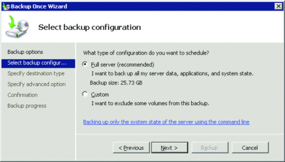 Figure 3 Using the backup configuration dialog to specify all or select volumes