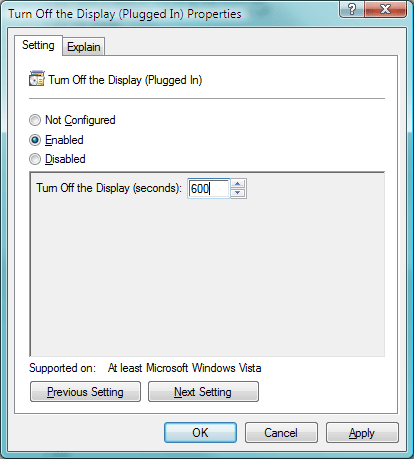 Figure 2 Turn Off the Display (Plugged In) properties