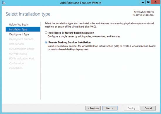 Select an RDS installation to create a session-based deployment