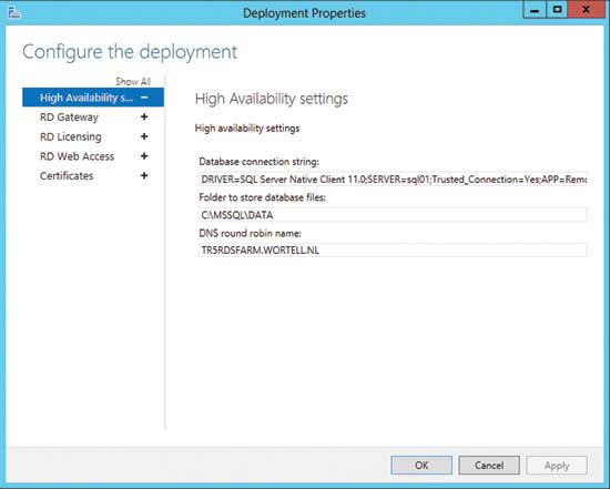 Deployment properties are grouped into five tabbed sections.