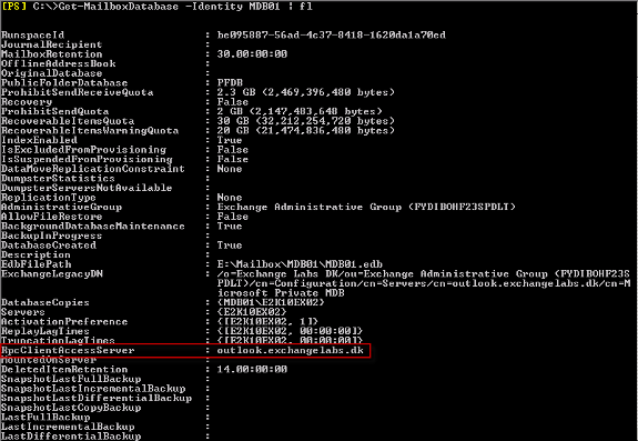 RpcClientAccessServer attribute on a mailbox database fig. 2