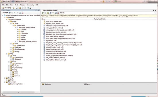 Figure 2 SQL Server Management Studio connected to a SQL Azure database