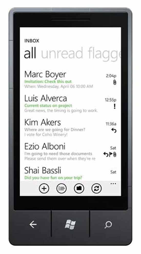 [圖 2] Windows Phone 7 的 Outlook Mobile 收件匣