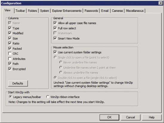 The WinZip Configuration control panel