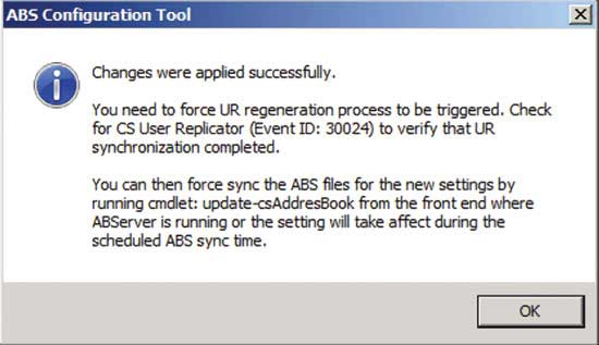 The successful change message from the ABS Configuration Tool.