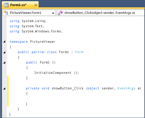 包含 Visual C# 程式碼的 [Form1.cs] 索引標籤
