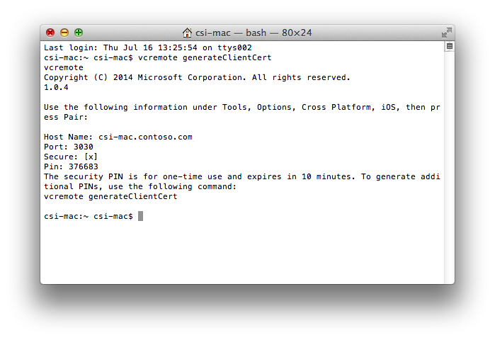 CPPMDD_vcremote_generateClientCert Use vcremote to generate a secure PIN