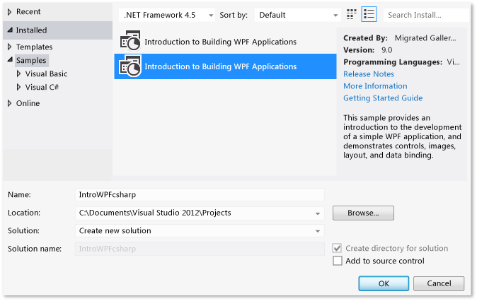 BuildWalk_NewProjectdlgIntrotoWPFsample New Project dialog box, Installed Samples