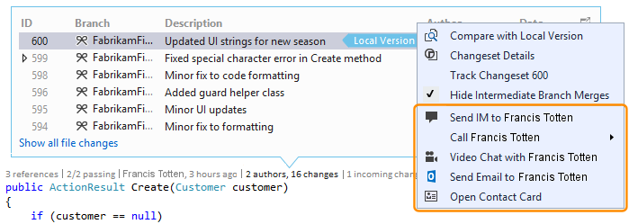 CodeLensItemContactMenu Contact options for an item