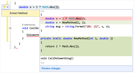 VS2015_LightBulbs_refactor Light bulb showing refactoring options
