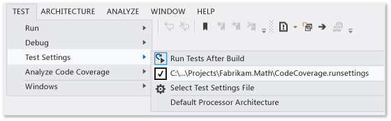 CodeCoverage-settingsFile Test settings menu with custom settings file