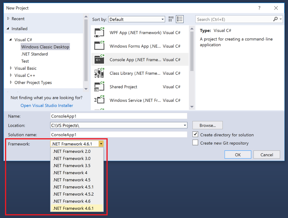 Framework drop-down in VS 2017