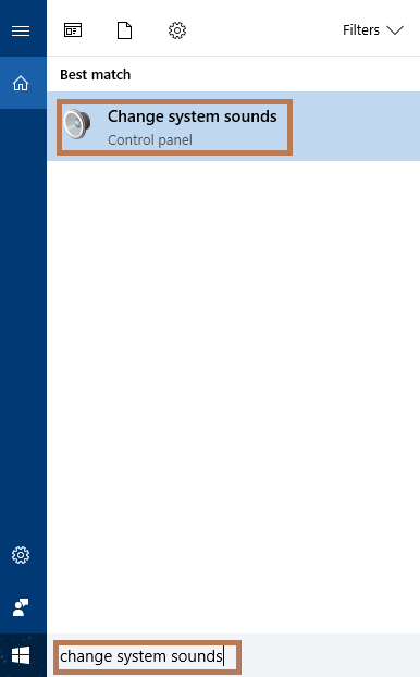 Screenshot of the 'Change system sounds' search results in Windows 10 Search results in Windows 10