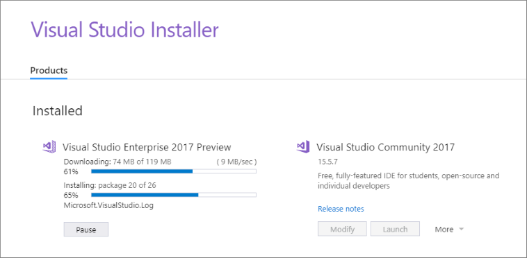 The new Visual Studio Installer experience Screenshot showing the Visual Studio Installer experience.
