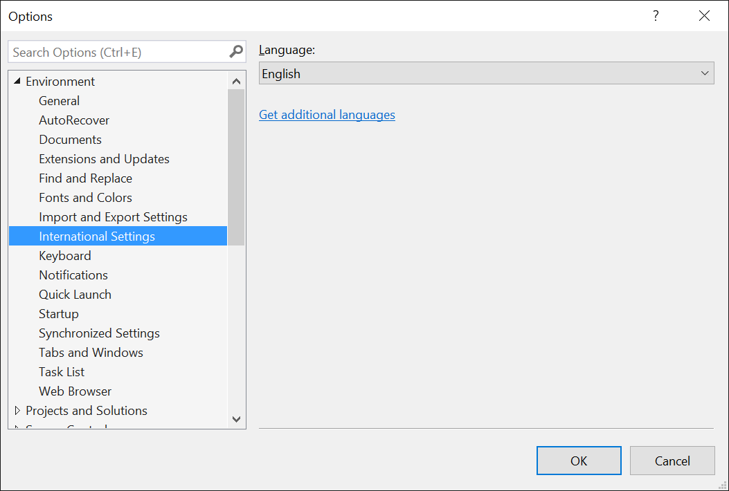 International settings for Visual Studio 2017