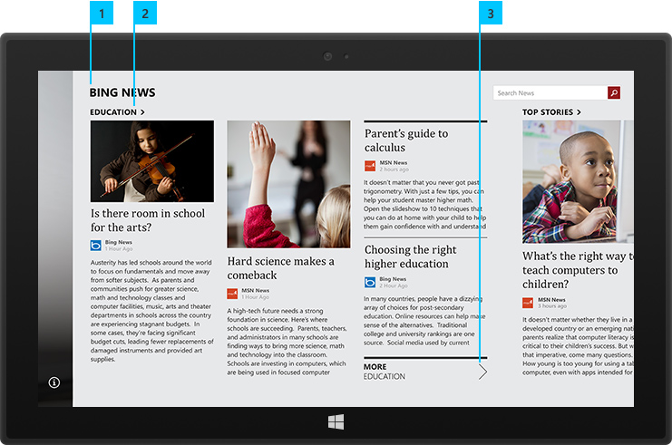 Bing 新聞應用程式會顯示標頭、區段標籤，以及連到更多詳細資料的連結