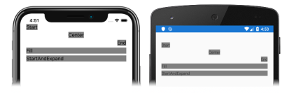 螢幕擷取畫面：iOS 和 Android 上已設定對齊和延展選項的 StackLayout 子檢視
