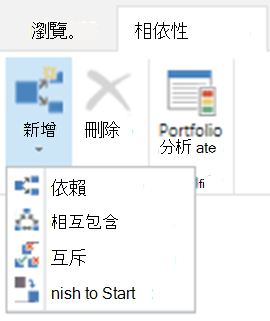 相依性索引標籤中的新相依性選項。