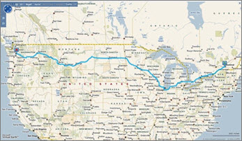 顯示從西雅圖到蒙特冪路線的地圖。