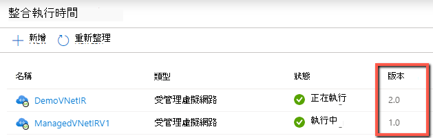 螢幕擷取畫面，顯示如何檢查受控 VNet IR 版本