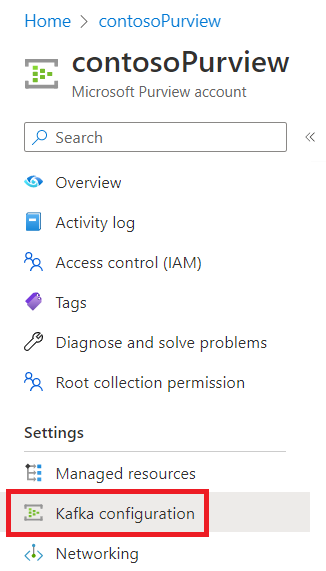 此螢幕擷取畫面顯示 Azure 入口網站中 Microsoft Purview 功能表中的 [Kafka 設定] 選項。