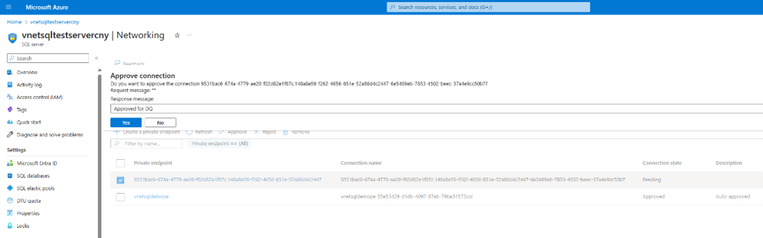 SQL 伺服器私有存取標籤的網路頁面截圖，附有核准提示。