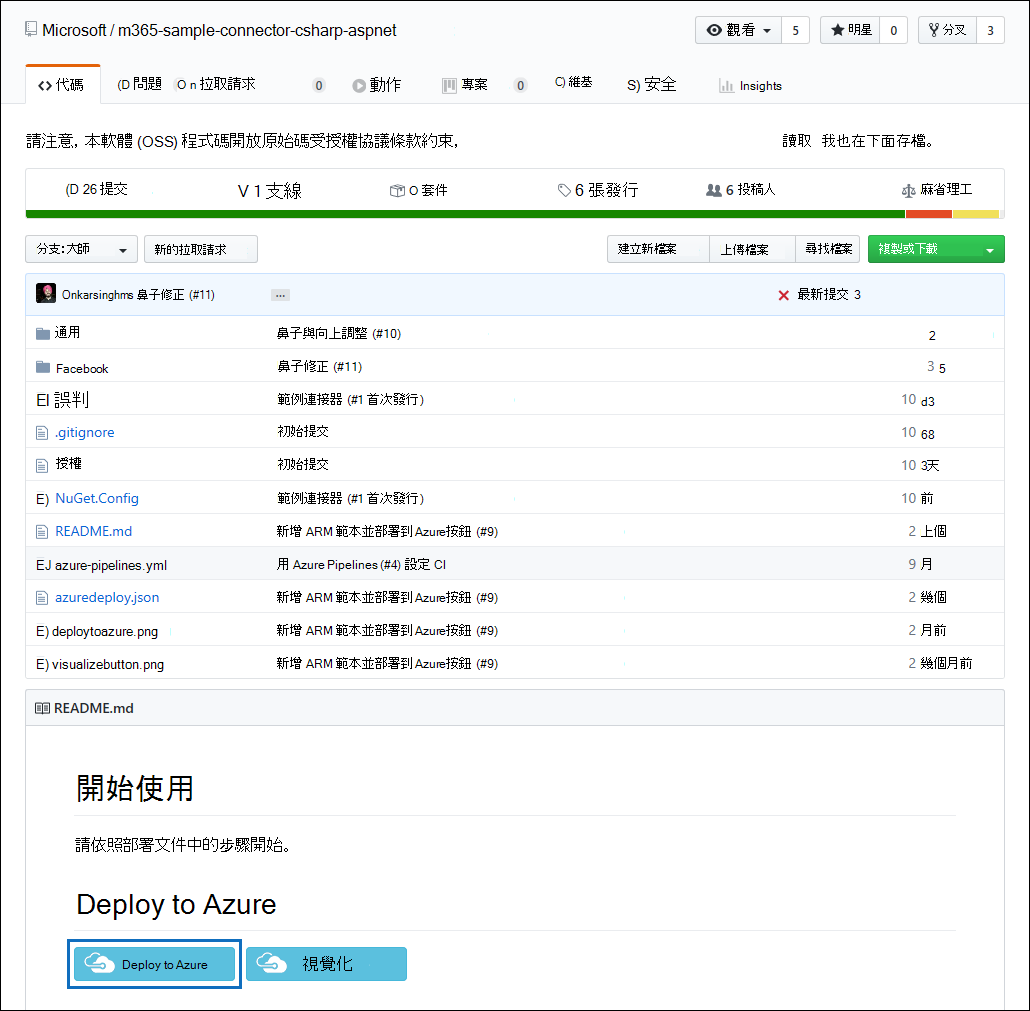 GitHub 倉庫頁面截圖，標示出「部署到 Azure」按鈕。