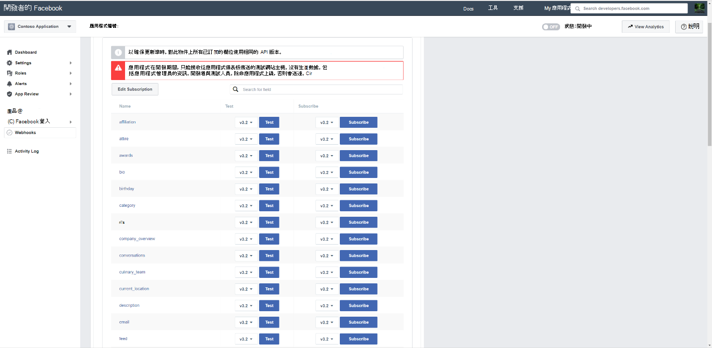Webhooks 頁面的截圖，顯示 feed 端點及測試和訂閱選項。