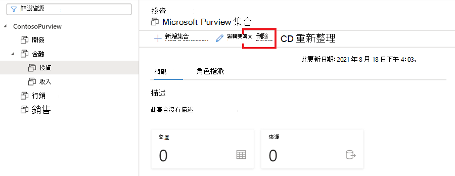 Screenshot of Microsoft Purview governance portal window to delete a collection
