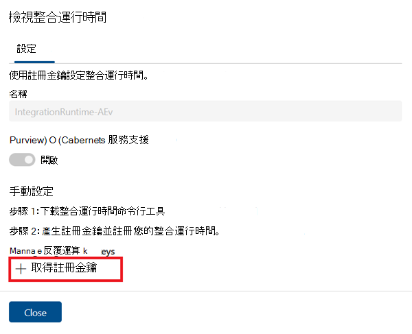 檢視整合執行階段頁面的螢幕擷取畫面，其中醒目提示 [取得註冊金鑰] 按鈕。