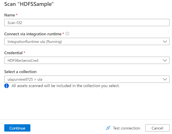 Purview 中 HDFS 掃描設定的螢幕擷取畫面。