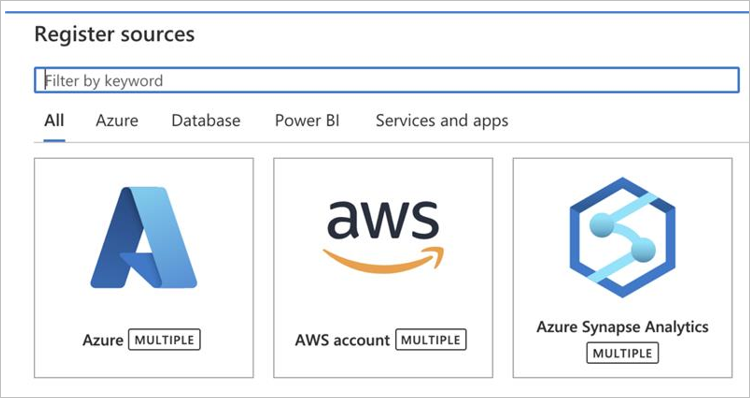 Microsoft Purview 中選取來源的螢幕擷取畫面，包括 Azure Synapse Analytics。