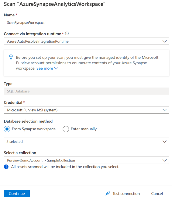 Azure Synapse來源掃描詳細資料窗格的螢幕擷取畫面。