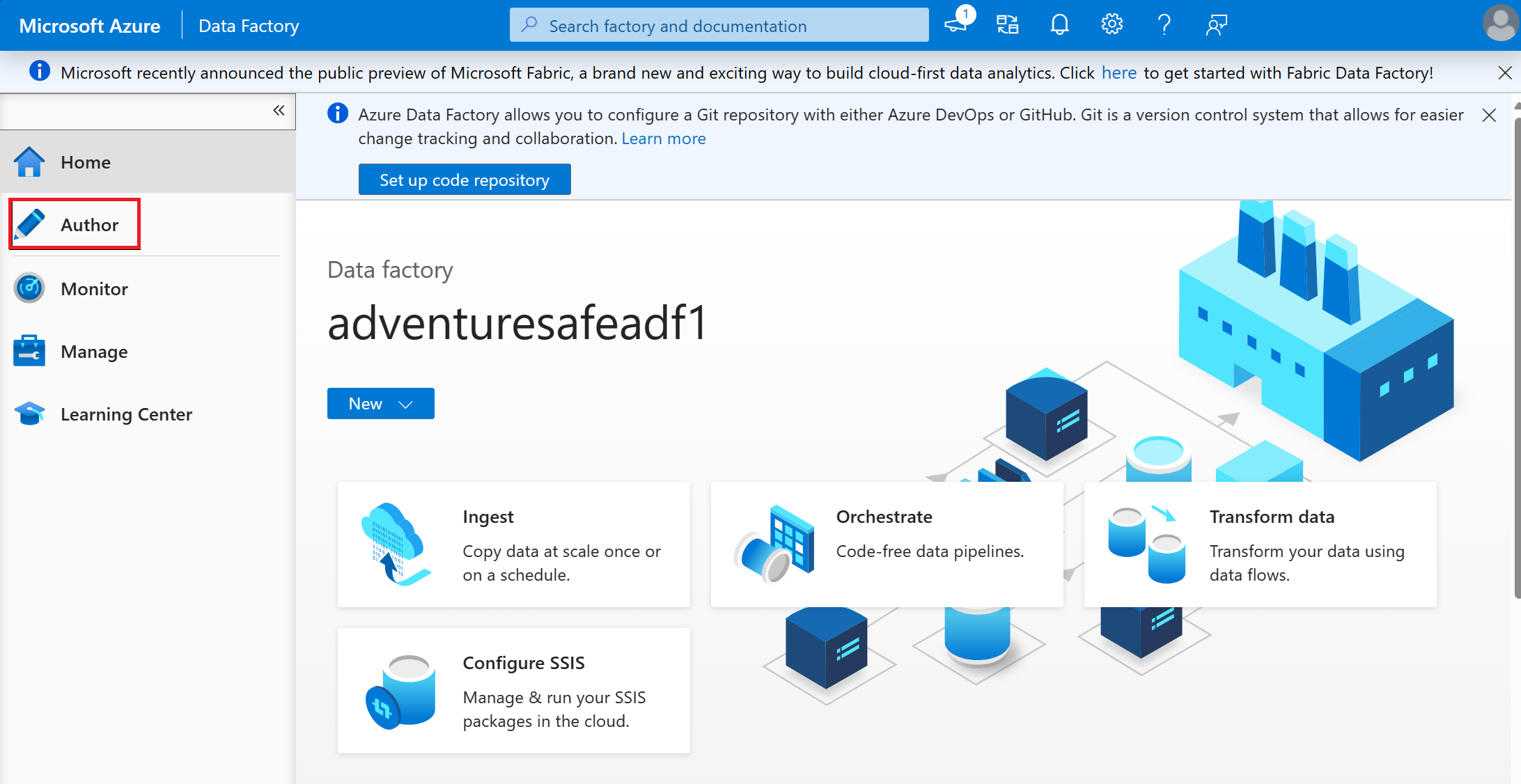 Screenshot of the select author in left navigation menu of Azure Data Factory.