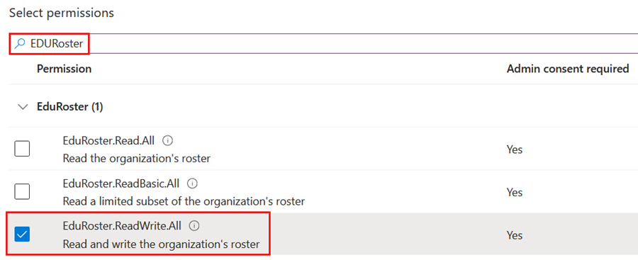 顯示eduroster.readwrite.all位置的螢幕快照。