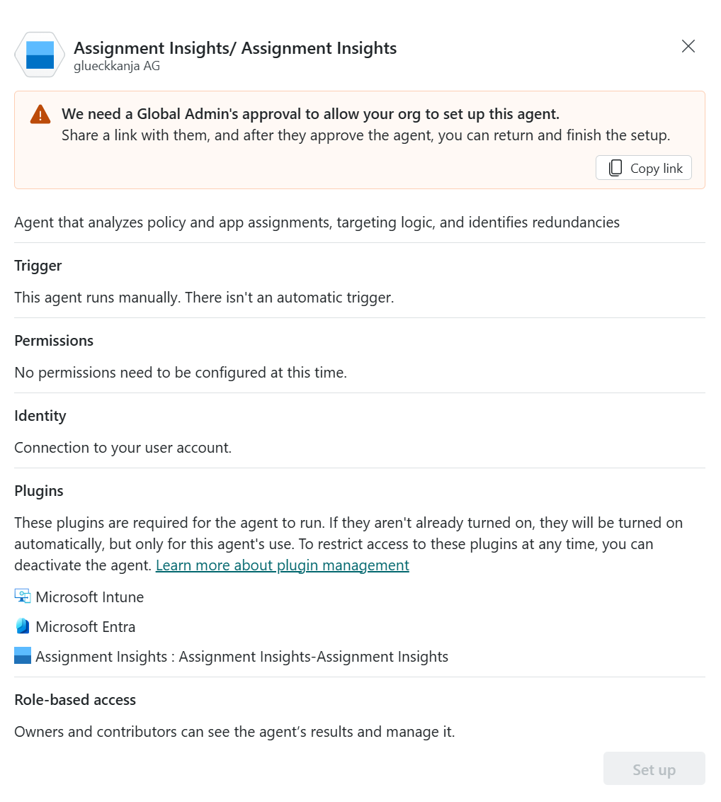 Screenshot of the assignment insights security store page showing the need for permission from a Global Administrator to permit your org to set up this agent.