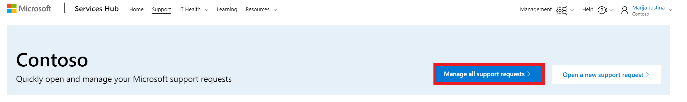 Microsoft Services Hub 頁面，顯示了醒目顯示的 [管理所有支援] 要求按鈕。