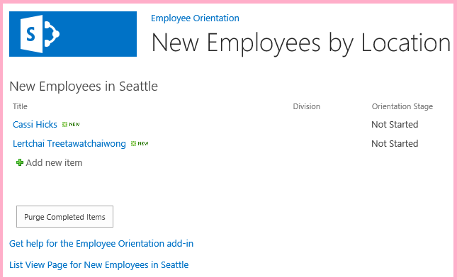 The "New Employees in Seattle" list with two fewer items than before and none of them have "Orientation Stage" set to Completed.