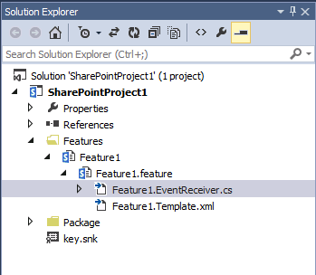 After you create an event receiver to your feature, a code file appears under the feature.