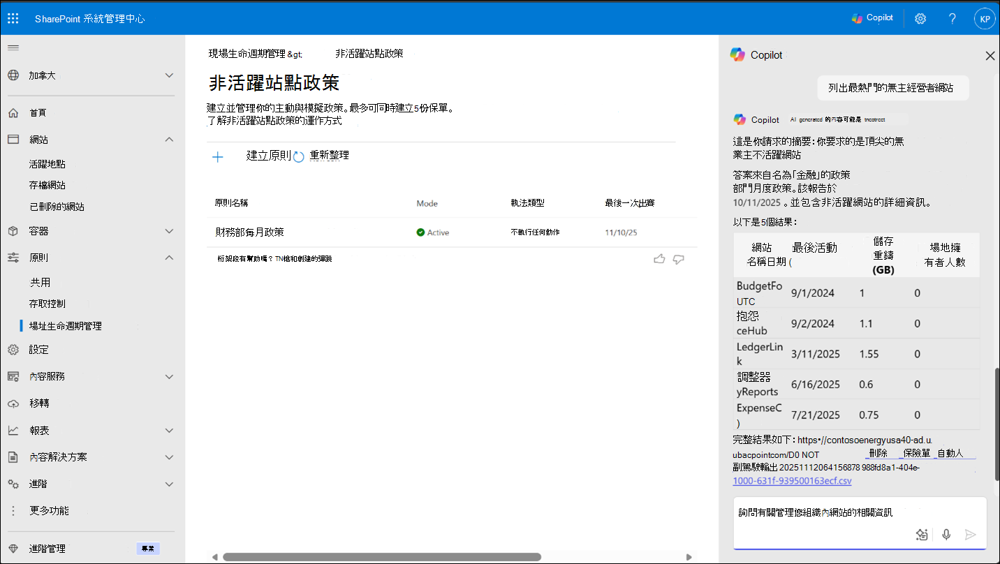 SharePoint 系統管理員 Agent 會分析網站生命週期，並提供熱門非活躍無擁有者網站清單。