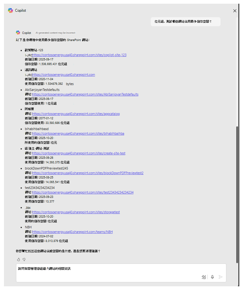 SharePoint 系統管理員 Agent 會分析 SharePoint 儲存空間使用情況，並提供耗用最多儲存空間的網站之摘要。