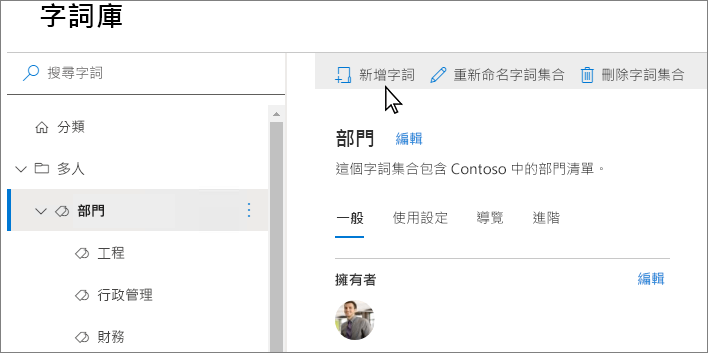 SharePoint 系統管理中心的字詞庫頁面螢幕快照，其中已醒目提示 [新增字詞]。