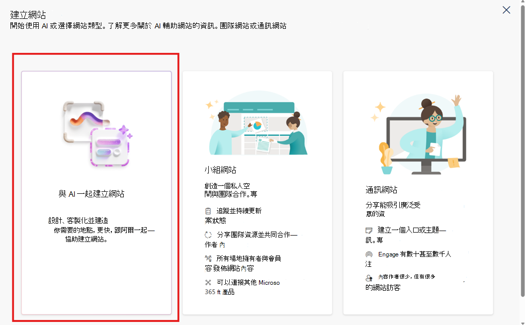 顯示建立網站對話框的截圖。