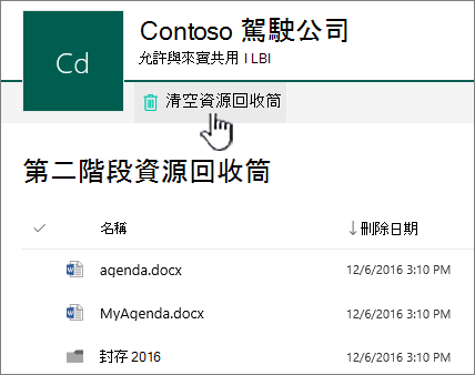 螢幕擷取畫面顯示 SharePoint Online 第二層資源回收筒，其中醒目提示 [清空資源回收筒] 按鈕。
